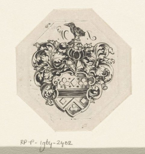 Coat of arms with leafy scrolls, helmet, and bird