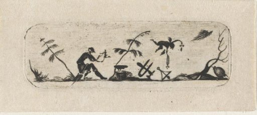 Seated man among small trees in silhouette