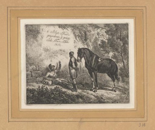 A Rider with His Horse Greets a Soldier Sitting against a Wall
