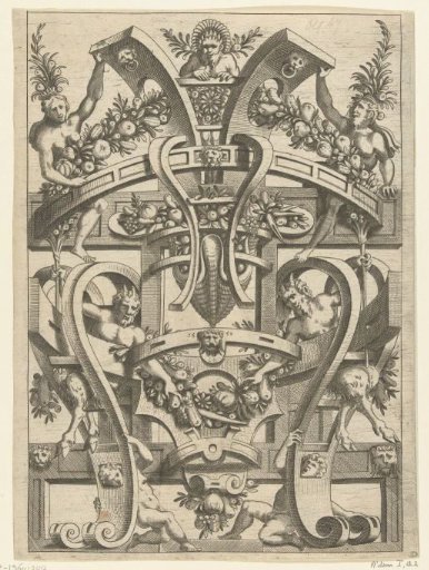Scrollwork with a Fruit Garland Hanging at the Top and Bottom