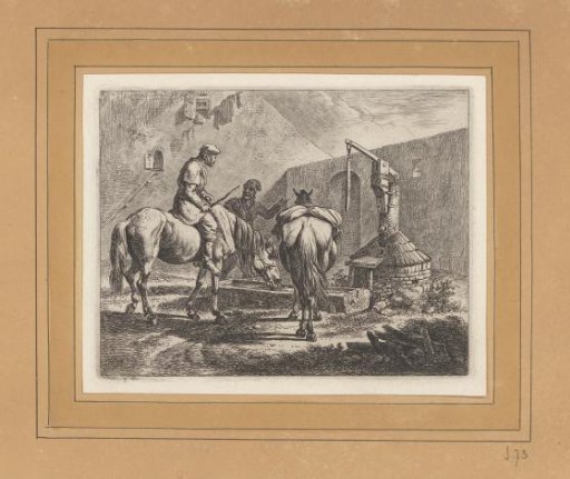 Two Riders at a Water Well with a Trough