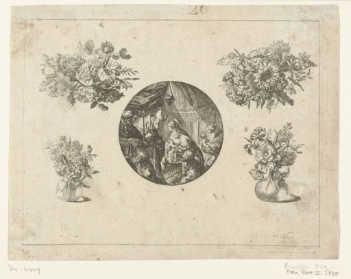 Clock case, bouquets and flower vases