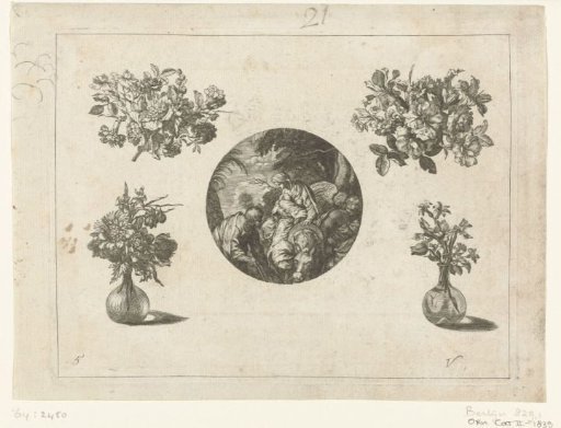 Clock case, bouquets and flower vases