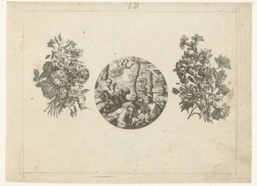 Clock case between two bouquets