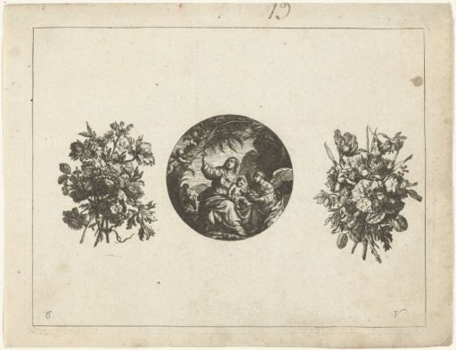 Clock case between two bouquets