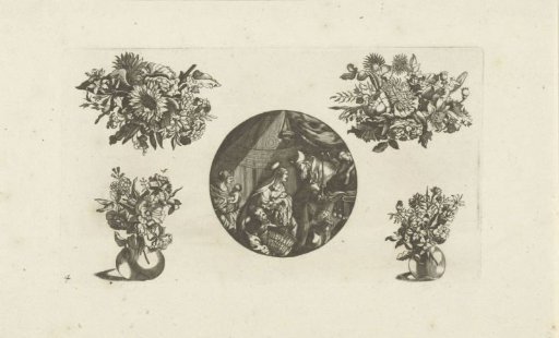 Clock case, bouquets and flower vases