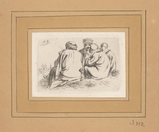 Four Men with Kufis and Turbans Sitting on the Ground