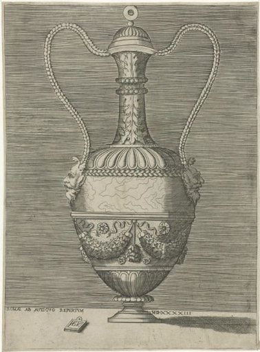 Vase with two ears, consisting of braids starting from the head of a mask