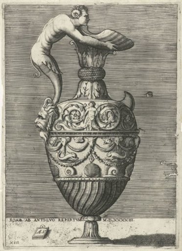 Can with an ear in the shape of a satyr standing on a mask