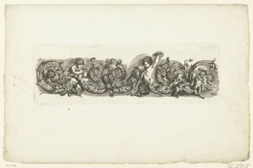 Fish with leafy scrolls, children, and dogs