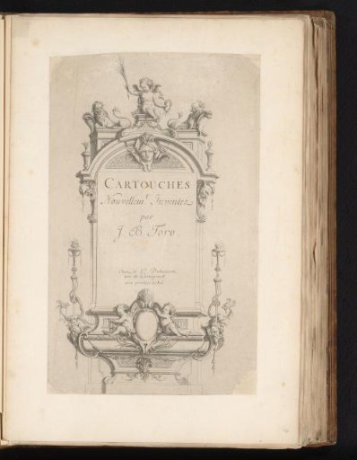 Title print with cartouche crowned with lions and putto