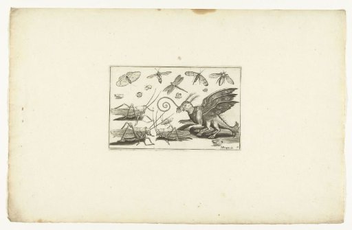 A fantastic winged beast and grasshoppers