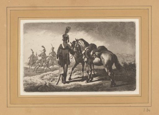 Hussar with two horses looking at the cavalry
