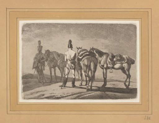Dragoon with two horses looking at a hussar with two horses