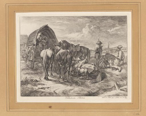 Horses and peasants resting by a hay wagon
