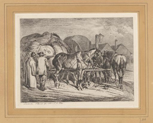 Four horses and two peasants by fully loaded dray carts