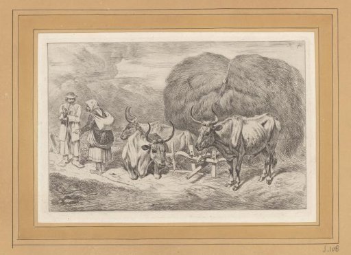 Three oxen and two peasants by a hay wagon