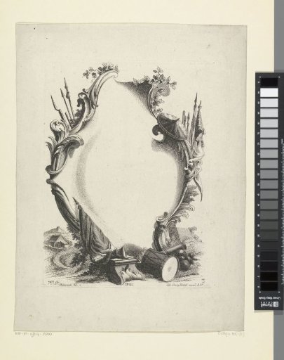 Cartouche with military objects