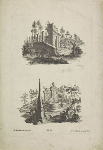 Landscapes with bridge and fountain