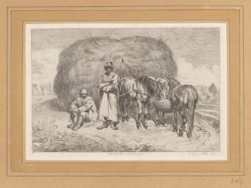Three horses and two peasants by a hay wagon
