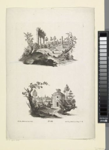 Landscapes with bridge and columns