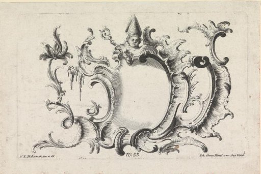 Cartouche with putto holding mitre and staff