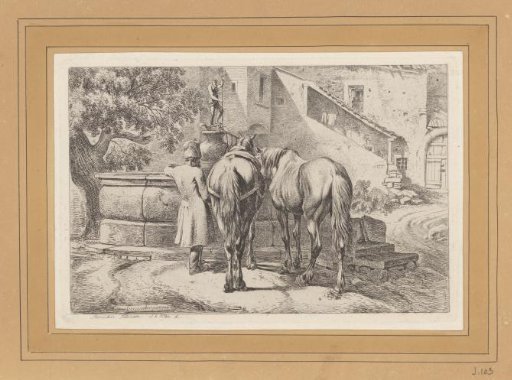 Two horses with a coachman at a fountain