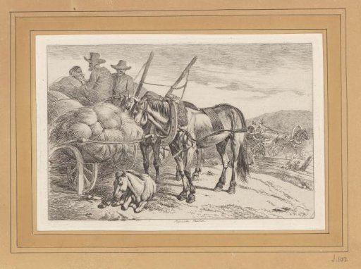 Three fodder carriers on hay wagons, two draft horses and a foal