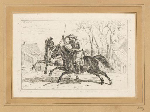 Galloping rider with a hand-held horse