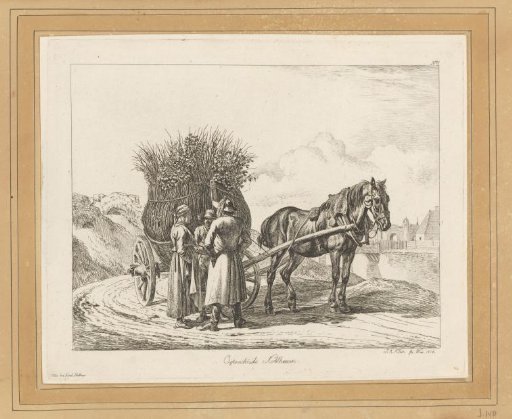 Three peasants by a dray cart