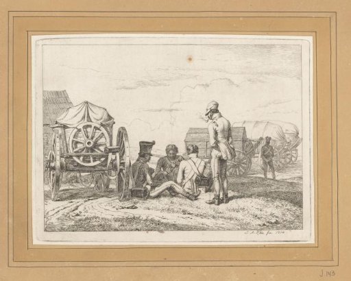 Cannoneers playing cards by four dray carts