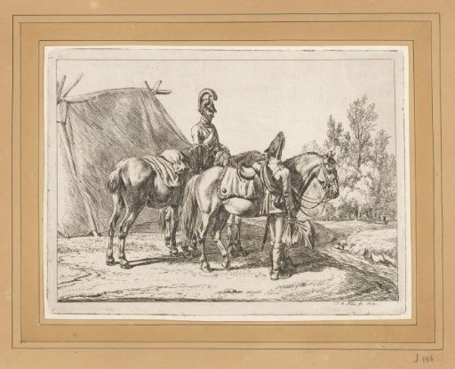 Two cuirassiers with three horses