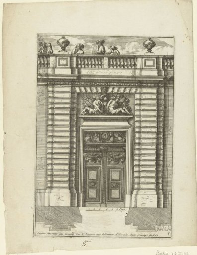 Portico with an armorial trophy and two chained prisoners of war or enslaved men