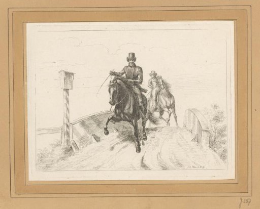 Two riders galloping over a bridge