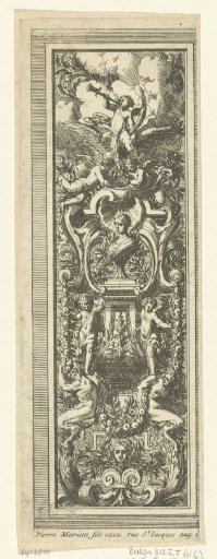 Panel with a genius blowing a trumpet