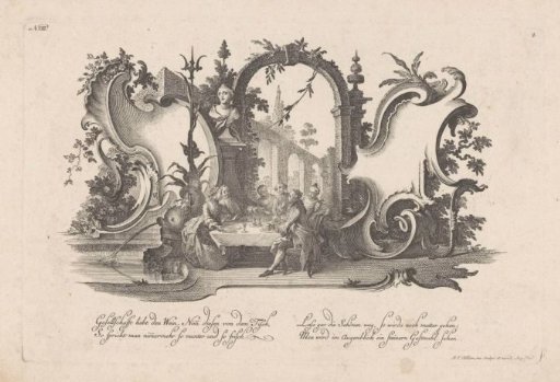 Cartouches with figures at a table
