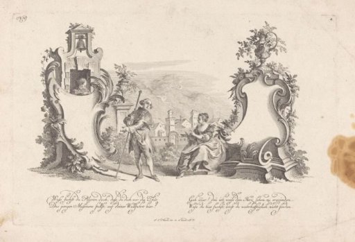 Cartouches with a pilgrim and a woman