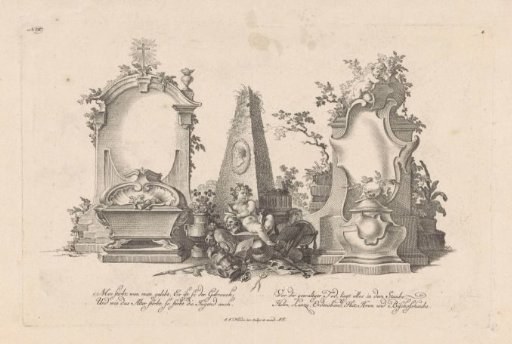 Cartouches and putto with a death's head