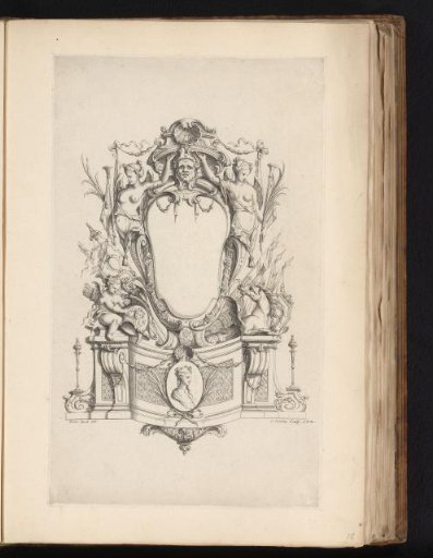 Cartouches with female herms and armorial trophies