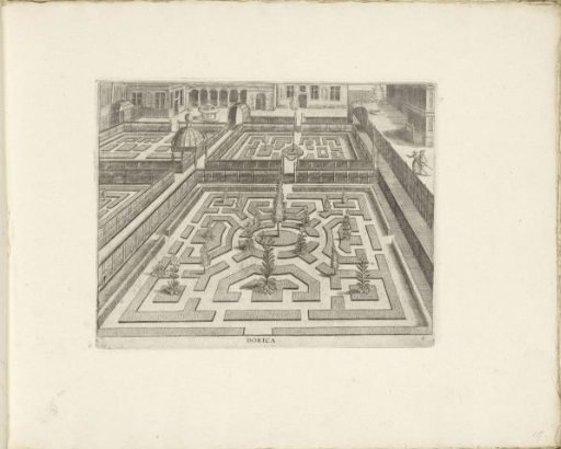 Garden with a Central Parterre and Rectangular Compartments with Plants in the Corners