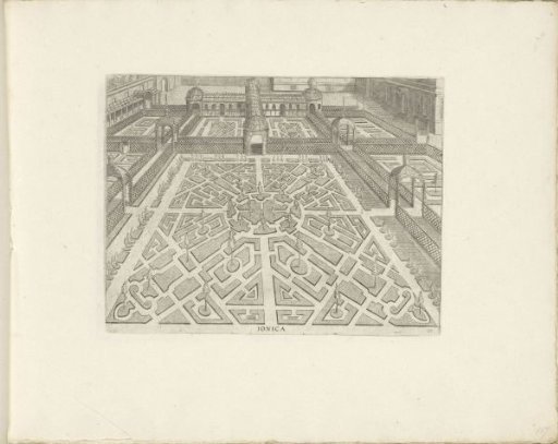 Garden with a Parterre Surrounded by Fences and Open Pavilions