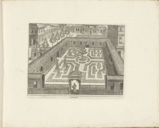 Garden with a central parterre enclosed by a walk of lattice work