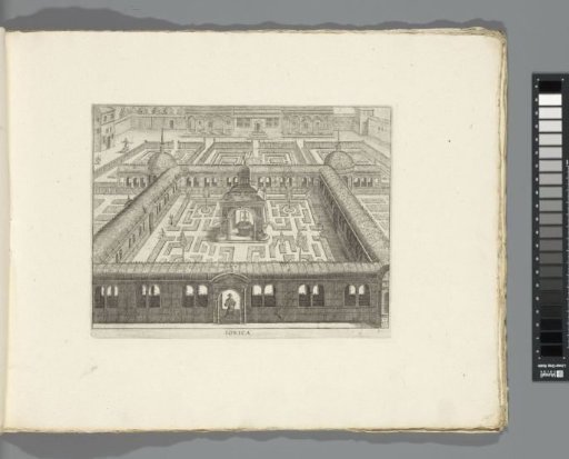 Garden with a central parterre enclosed by a walk of lattice work and a fountain in the middle