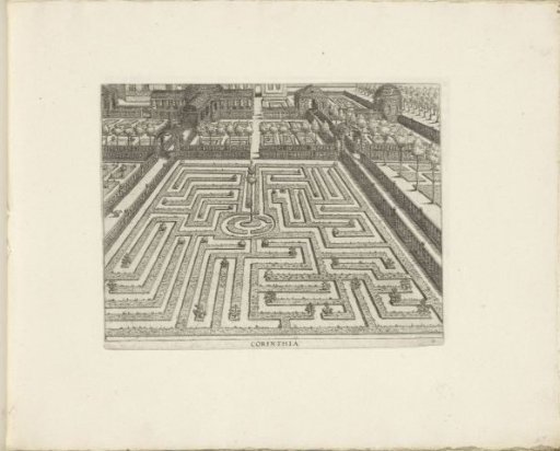 Garden with a rectangular parterre with a circular compartment with a tree in the center