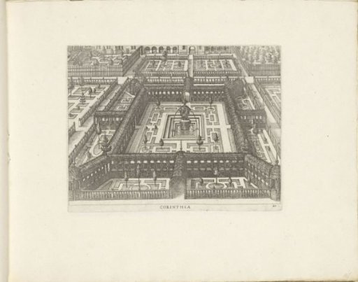 Garden with a central parterre surrounded by a walk of lattice work and a fountain in the middle