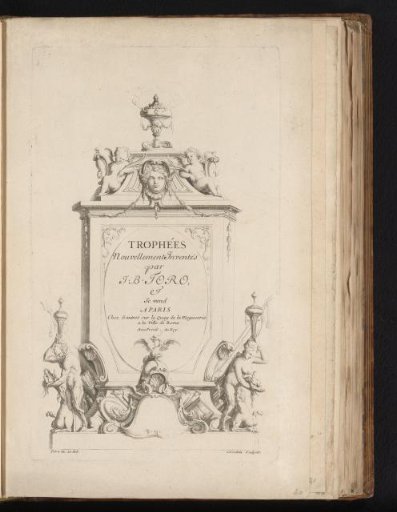 Title print with military trophies and putti