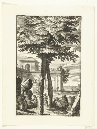 Landscape with two trees in the foreground