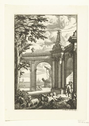 Colonnade with view of a harbor