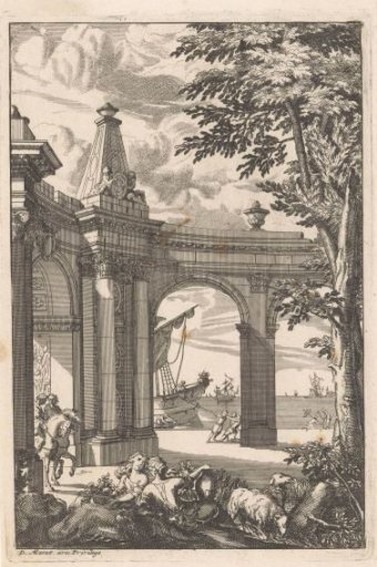 Colonnade with view of a harbor