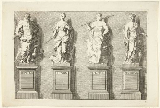 Four statues on pedestals: Jupiter, Juno, Pluto, Proserpina